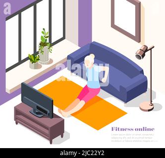 Online training at home isometric background with elderly woman  doing exercises on quarantine isolation vector illustration Stock Vector