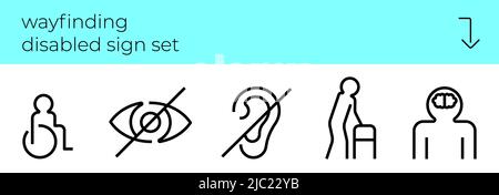 Wayfinding icons. Disabled sign set. Way finding symbols accessible environment for disabilities. Handicap inclusive signage. Wheelchair, blind, deaf, walker and mental disease public place signs. Eps Stock Vector