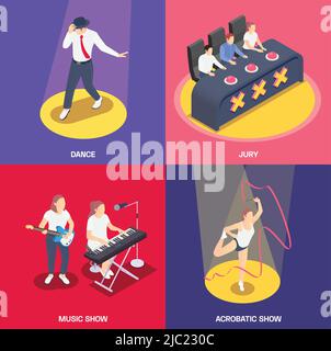 2x2 isometric icons set with jury people singing and dancing at talent contest 3d isolated vector illustration Stock Vector