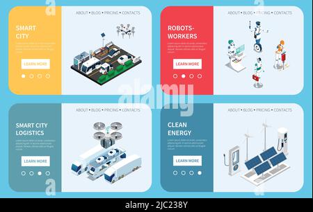 Four horizontal smart city technology isometric banner set with logistics robot workers and clean energy headlines vector illustration Stock Vector