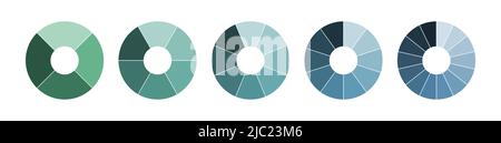 Set of pie chart diagrams. Circles cut on 4, 6, 8, 10 and 14 slices with empty middle. Shades of green and blue gradient on white background, simple f Stock Vector