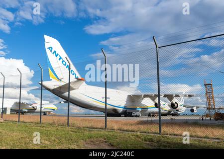 Schkeuditz, Germany - 29th May, 2022 - Many big An-124-100 ukrainian Ruslan cargo jets parked on Leipzig Halle airport terminal tarmac apron for Stock Photo