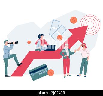 Business strategy and vision goals concept. Business people looking forward future achievements and tasks, flat vector illustration isolated on white. Stock Vector