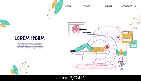 Brain tomography exam and health checkup banner with patient in MRI machine, vector illustration isolated on background. MRI scan test banner or websi Stock Vector