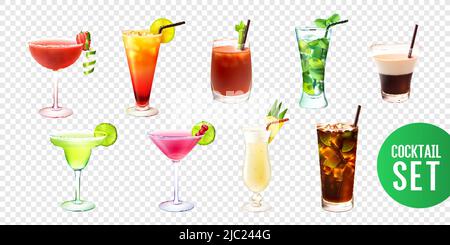 Realistic set with ten alcoholic cocktails in glasses of different shape isolated on transparent background vector illustration Stock Vector