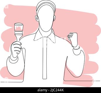 Continuous one line drawing of young painter man Stock Vector