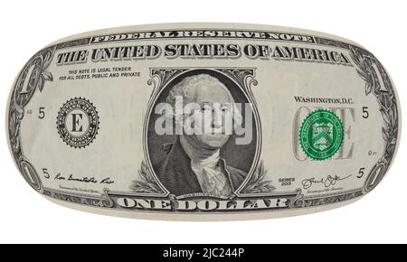 One dollar bill modified and distorted as a spherical shape with George Wahington in center.