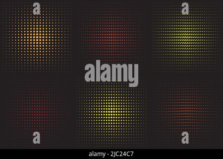 Big set of black textured circle strokes isolated on black background. Abstract dotted circles, round halftone geometric dot gradient and pop art text Stock Vector