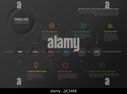 Vector Infographic timeline template with horizontal line made from arrows and relief circles with milestones years, icons and various descriptions on Stock Vector
