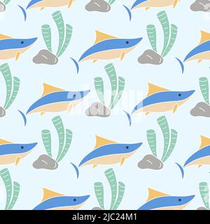 Sea sharks and algae seamless pattern. Background ocean floor with underwater inhabitants and vegetation. Baby print for textiles, wallpaper and desig Stock Vector