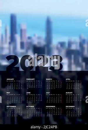 Vector black vertical calendar layout template for the year 2023 (weeks strart monday) with place for your photo. Dark template with all calendar mont Stock Vector
