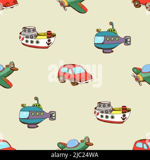Seamless pattern with ship, car and plane. Transport vector illustration Stock Vector
