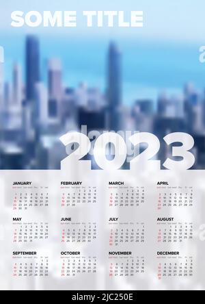 Vector white calendar layout template for the year 2023 (weeks strart sunday) with place for your photo. Light vertical template with all calendar mon Stock Vector
