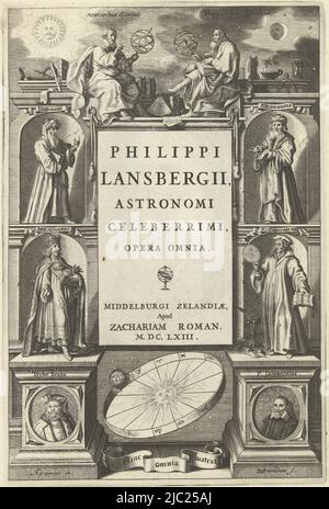 Title page for: Philip van Lansberge, Opera Omnia. Middelburg: 1663. Title  page for a book about astronomy with images of famous astronomers:  Aristarchus Samius, Ptolemeus, Rex Alfonsus, Tycho Brahe, AlbategNius,  Nicolaas Coopernicus