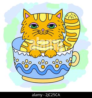 Funny cartoon red cat sits in a cup. Vector Stock Vector