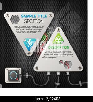 Abstract technology background poster with different signes and words sample title section, description in the centre of triangles on the black paper Stock Vector