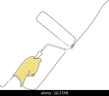 Human hand holds paint brushes with paint can Stock Vector