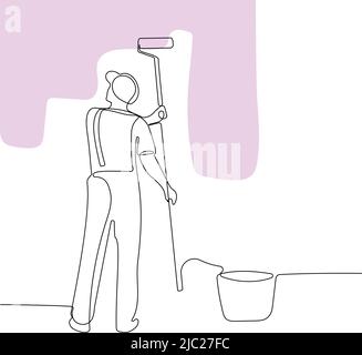 Human hand holds paint brushes with paint can Stock Vector
