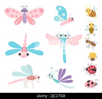 Collection of cute winged insects and beetles. Funny characters butterfly, dragonfly, bee and mosquito, ladybug and Colorado potato beetle. Vector ill Stock Vector