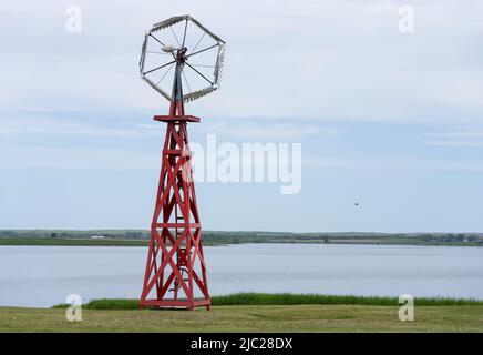 A windmill at the Welk Homestead State Historic Site in North Dakota, the boyhood home of Lawrence Welk. Stock Photo