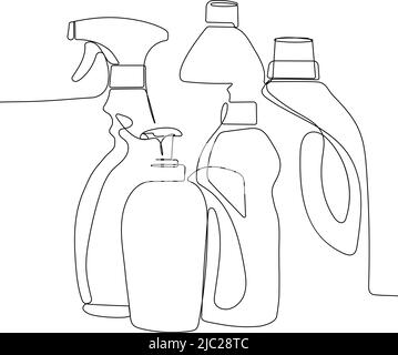 Continuous line draw of set bottles of different cleaning procucts friendly cleaning. Minimal concept Stock Vector