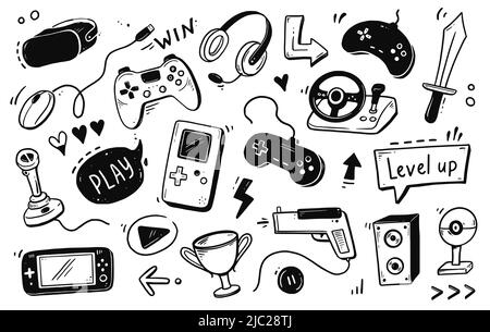Video game hand drawn doodle set. Video gamer console, joystick, controller element. Computer retro, arcade play background. Vector illustration. Stock Vector