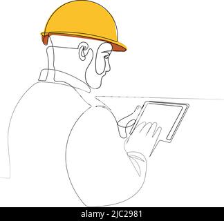 Continuous one line drawing ofengineer wearing uniform and safety helmet Stock Vector