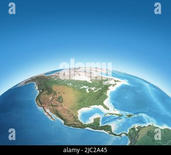 Physical map of Planet Earth, focused on North America, USA, Canada, Mexico and Central America. 3D illustration - Elements furnished by NASA Stock Photo