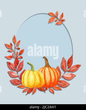Watercolor card with yellow pumpkins and autumn foliage on a blue background. Cut paper style flyer. Oval frame with pumpkins. Red autumn leaves. Stock Photo