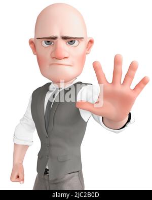 bald businessman cartoon is angry and also saying hey stop there, 3d illustration Stock Photo