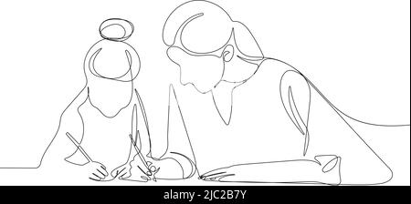 Drawing of two teen real girls in classroom want to study at university.  Single continuous line art style 16022600 Vector Art at Vecteezy