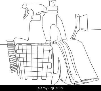 Continuous line draw of set bottles of different cleaning procucts friendly cleaning. Minimal concept Stock Vector