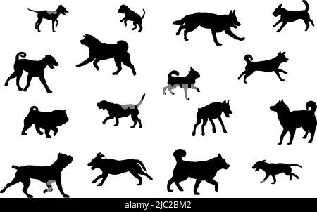 Group of dogs various breed. Black dog silhouette. Running, standing, walking, jumping dogs. Isolated on a white background. Pet animals. Vector illus Stock Vector