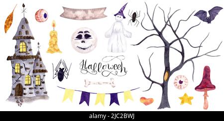 Halloween watercolor set of banner, poster with castle and tree, purple mushroom, bat, paper garland and ghost. Baner with candles and spider. Stock Photo