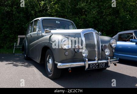 Three-quarters Front View of a Silver, 1955, Daimler Conquest 'Century' Saloon,  on display at the Deal Classic Car Show 2022 Stock Photo
