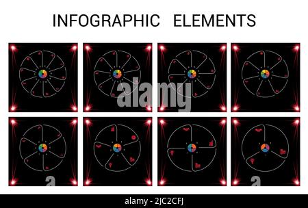Circle Lines Infographic 3,4,5,6,7,8,9,10 Positions dark background with red light Stock Vector