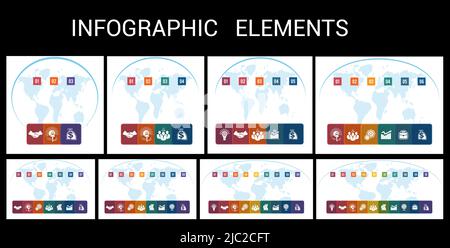 Charts infographic template step by step Colour squares with columns for the text on world map Stock Vector