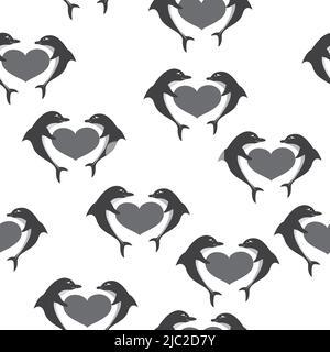 Vector seamless pattern with dolphins and hearts silhouettes on white background Stock Vector