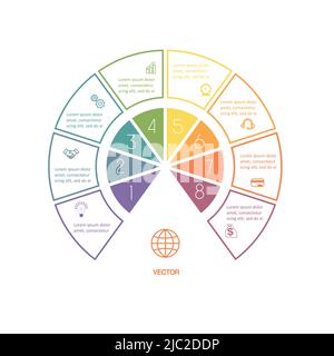 Semicircle template for design infographic 8 positions for text area. Can be used for advertising workflow, banner, diagram, web design, area chart. B Stock Vector