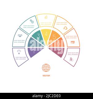 Semicircle template for design infographic 7 positions for text area. Can be used for advertising workflow, banner, diagram, web design, area chart. B Stock Vector
