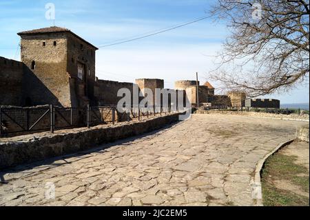 Akkerman Fortress, walkway along the moat and wall with towers, Bilhorod-Dnistrovskyi, Odessa Region, Ukraine Stock Photo