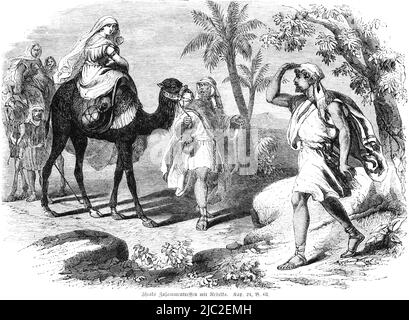 Isaac meeting Rebecca, Bible, Old Testament, First Book of Moses, Genesis, Chapter 24, Verse 63, historical Illustration 1850 Stock Photo