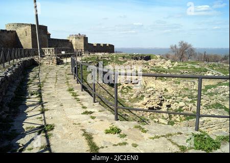 Akkerman Fortress, walkway along the moat and wall with towers, Bilhorod-Dnistrovskyi, Odessa Region, Ukraine Stock Photo