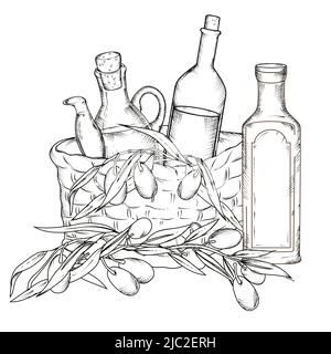 Basket with olive tree branches and bottles of oil, hand drawn engraving vector illustration isolated on a white background. Composition for olives, o Stock Vector