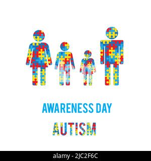 Autism awareness day. Family, mom, dad, children.  Puzzle Pieces. White background. Stock Vector