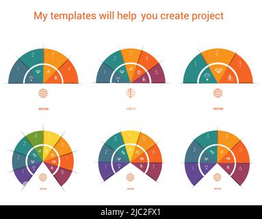Infographic. Color Semicircle. Templates with text areas on 3, 4, 5, 6, 7 , 8 positions Stock Vector
