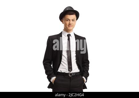 Guy in a suit and fedora hat isolated on white background Stock Photo