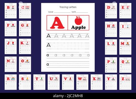 Alphabet tracing practice Letter A to Z. Uppercase lowercase trace practice activity page. Stock Vector