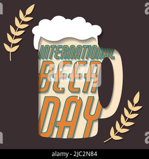 vector illustration of a postcard in a paper-cut style. a glass of beer with the inscription international beer day Stock Vector
