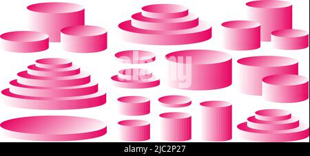 Podium geometric mockup display. Round cylinder pedestal. 3d platform product presentation stand. Abstract vector rendering shape for products display presentation. Modern pink studio background. Stock Vector